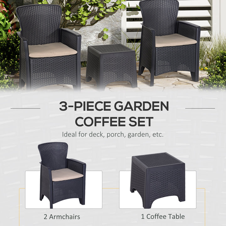 3 PCS Rattan Effect Garden Bistro Set  2 Chairs & Coffee Table Set with Cushion Patio Lawn Balcony Furniture - Dark Brown