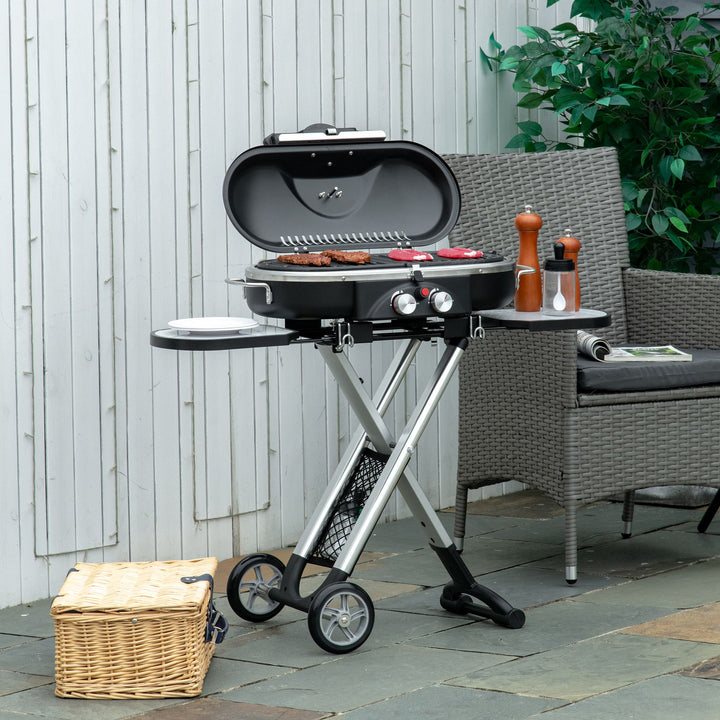 Foldable Gas BBQ Grill 2 Burner with Side Shelves Storage, Aluminium Alloy