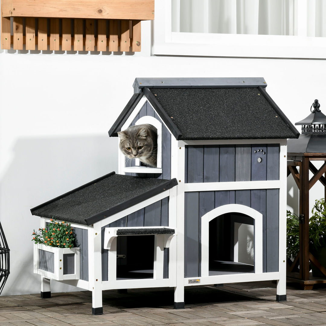 Wooden Cat House Outdoor with Shelter with Window, Water-resistant Roof, Grey