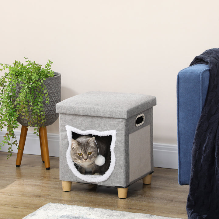 2 in 1 Cat Bed Ottoman, Comfortable Cat Sleeping Cave House w/ Removable Cushion, Scratching Pad, Handles, Anti-Slip Foot Pad, Toy Ball Grey