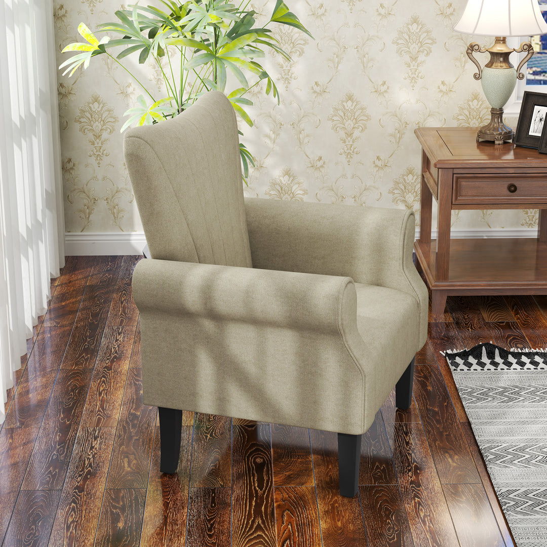 Upholstered Accent Chair with High Back, Rolled Arms and Wood Legs, Soft Thick Padded Armchair, Beige