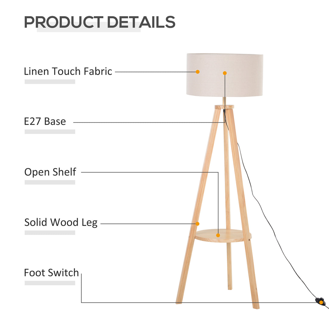 Free Standing Floor Lamp,  50Lx50Wx154H cm-Beige/Natural Wood Colour