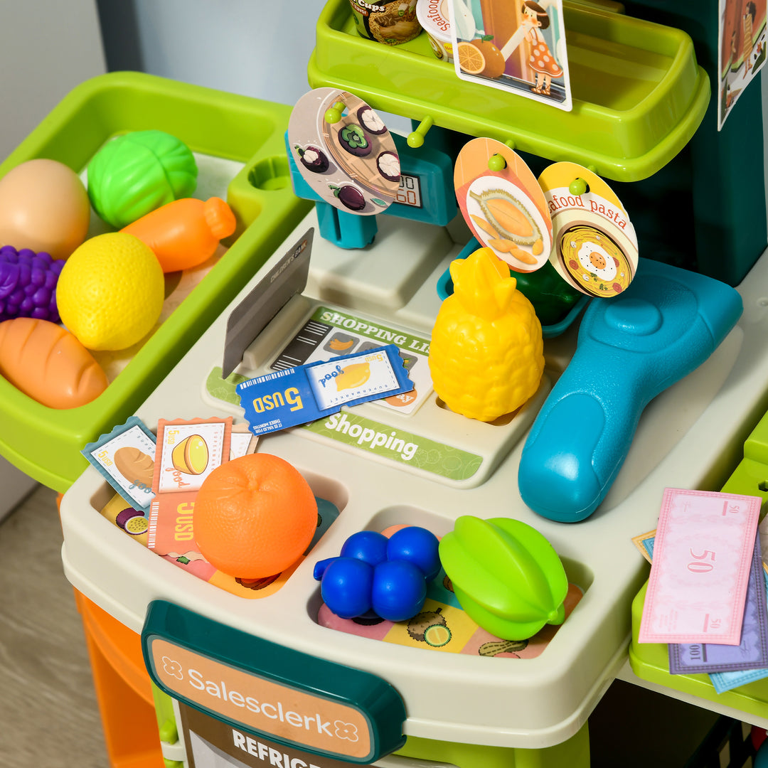 AIYAPLAY Cash Register for Kids Children Trolley, 58 Pcs Foldable Toy Shop Pretend Play Till w/ Scanner, Beverage Food Vegetable, for Kids Aged 3-6