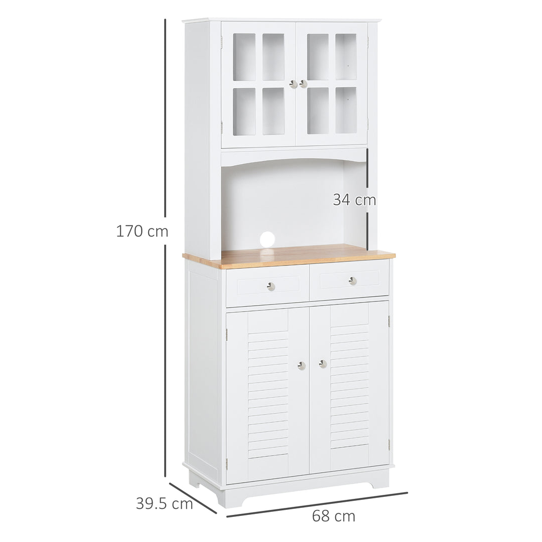 Modern Kitchen Cupboard, Louvered Kitchen Storage Cabinet with Framed Glass Doors and 2 Drawers, White