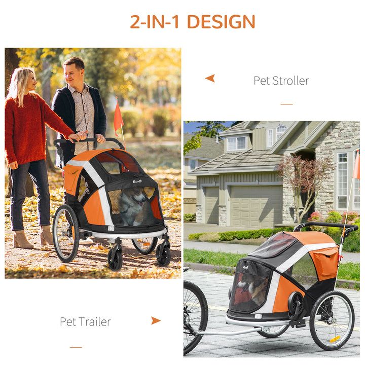 PawHut Dog Bike Trailer 2-in-1 Pet Stroller for Large Dogs Cart Foldable Bicycle Carrier Aluminium Frame with Safety Leash Hitch Coupler Flag Orange