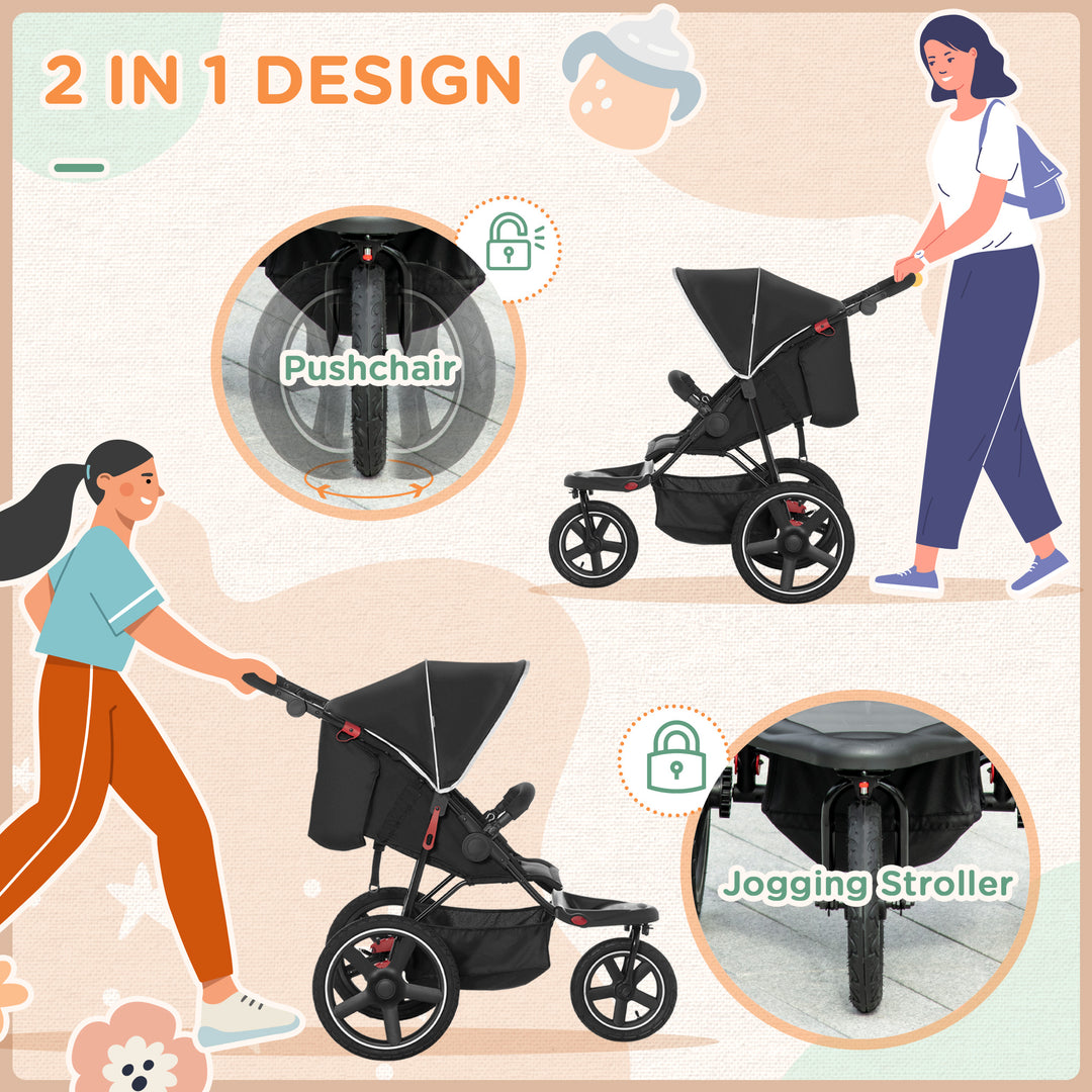 HOMCOM Three Wheeler Pushchair, Lightweight Foldable Running Baby Stroller with Fully Reclining, Adjustable Handlebar Backrest, Sun Canopy Black