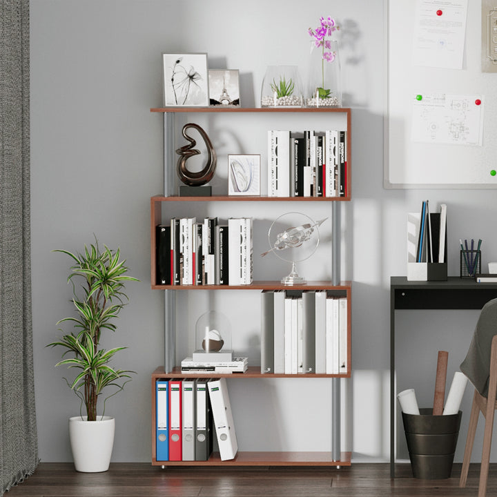 4-Tires Wooden Bookcase S Shape Storage Bookshelf Display for Living Room, Bedroom, Office with Steel Frame, Walnut