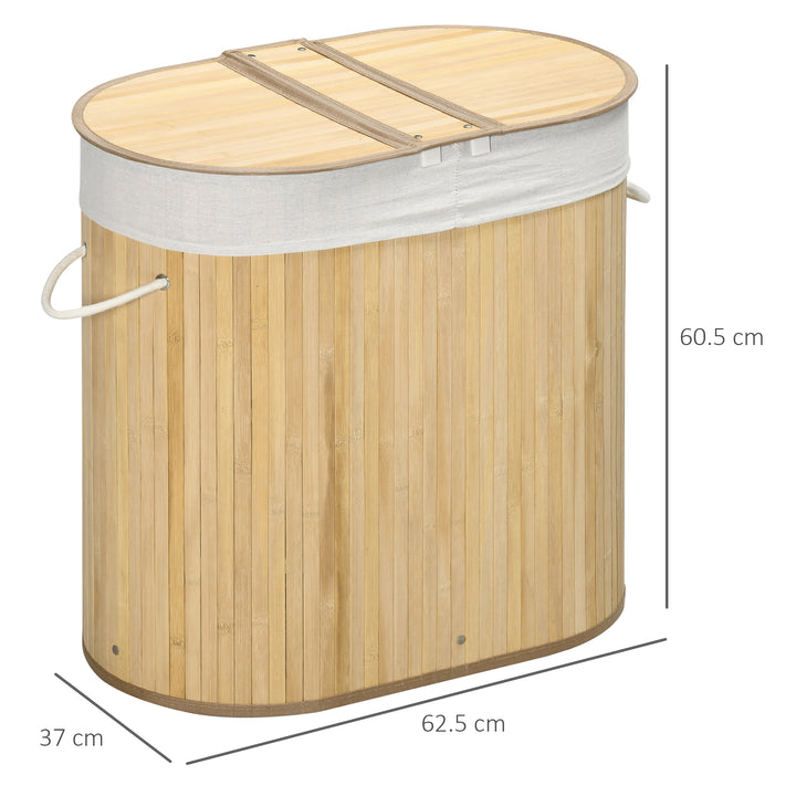 HOMCOM Bamboo Laundry Basket with Lid, 100 Litres Laundry Hamper with 2 Sections Removable Washable Lining Washing Baskets 62.5 x 37 x 60.5cm Natural