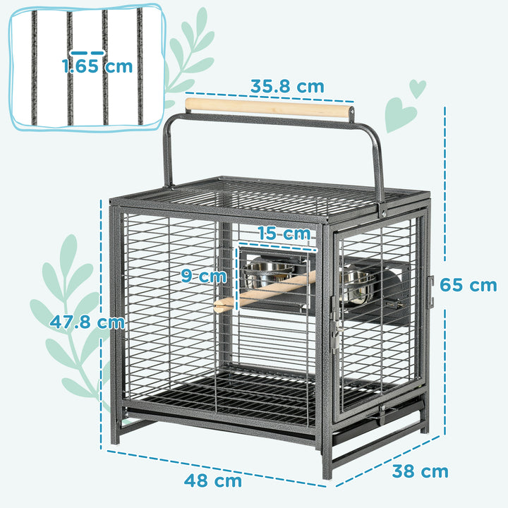 PawHut Metal Parrot Cage Bird Carrier Green Cheek Canary Parakeet Cockatiel Small Parrot Travel Breeding Cage Wooden Perch Black