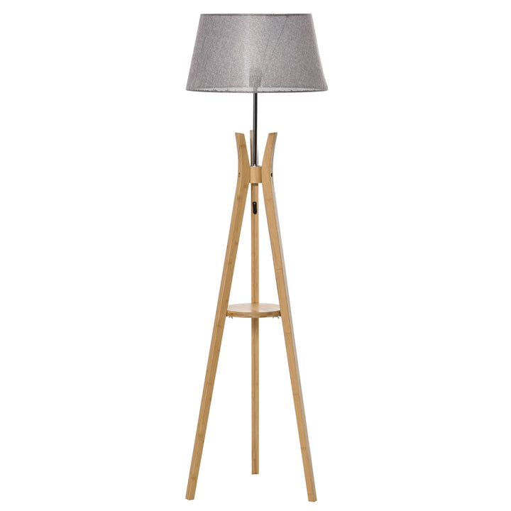 Natural Wood Tripod Floor Lamp Light E27 Base Bedroom Living Room Fabric Shade Storage Shelf Foot Switch, 156cm, Grey