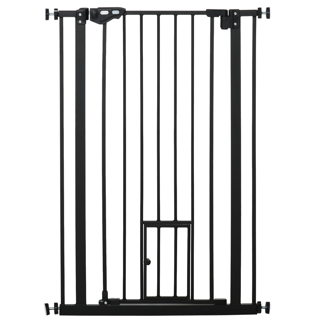 PawHut Extra Tall Dog Gate with Cat Door, Pet Safety Gate for Doorways Stairs with Auto Close Double Locking, 104 cm Tall 74-80 cm Wide, Black