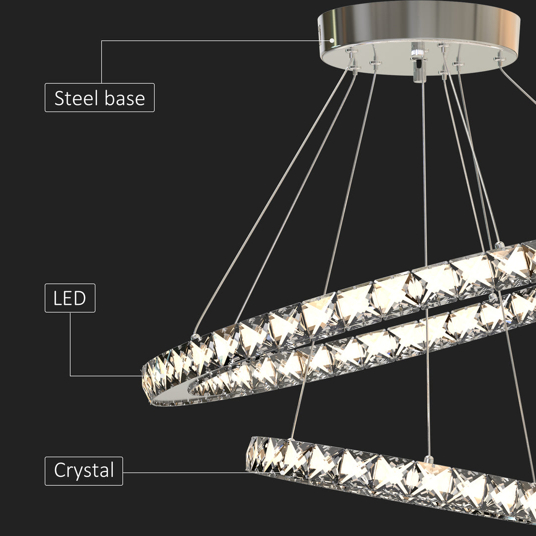 Modern LED Chandelier with 2 Crystal Rings, Dimmable Pendent Ceiling Light Cool Warm White with Adjustable Cable Remote Controller, Silver