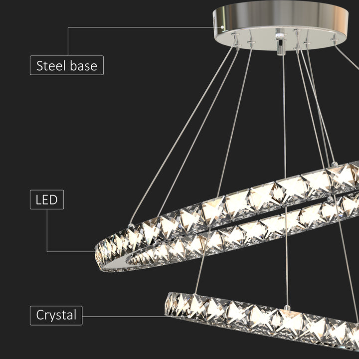 Modern LED Chandelier with 2 Crystal Rings, Dimmable Pendent Ceiling Light Cool Warm White with Adjustable Cable Remote Controller, Silver