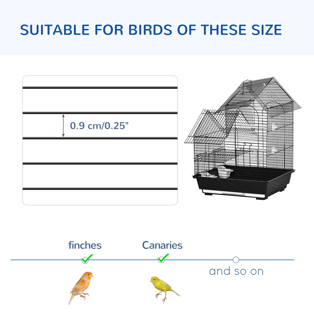 PawHut Metal Bird Cage with Stand for Parrot Cockatiel Budgie Finch Canary Food Containers Swing Ring Tray Handle Small Black 39 x 33 x 47 cm