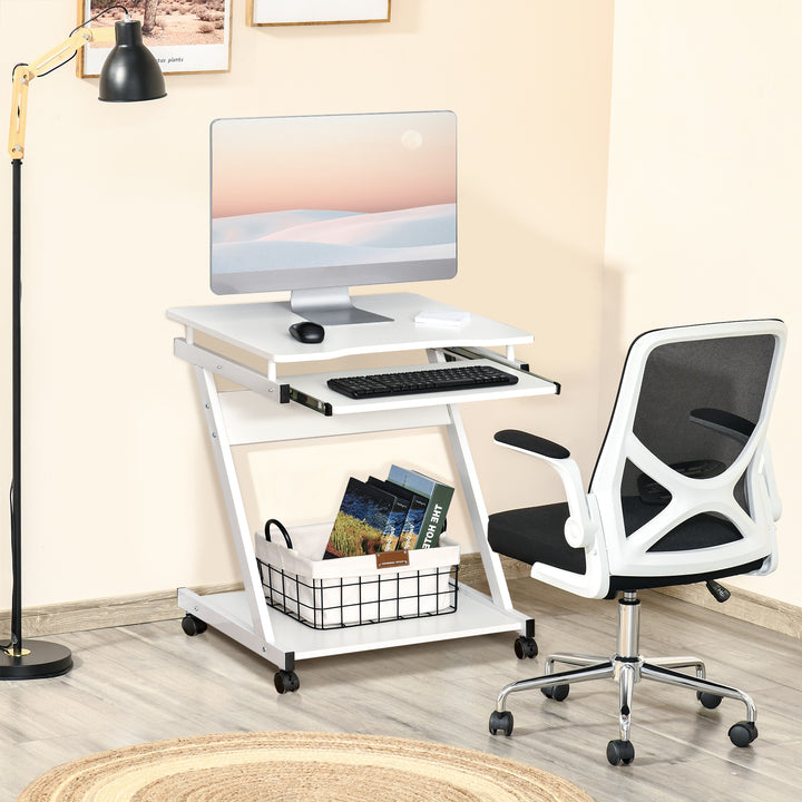 HOMCOM Movable Compact Small Computer PC Desk with 4 Moving Wheels Sliding Keyboard Tray Home Office Gaming Study Workstation White