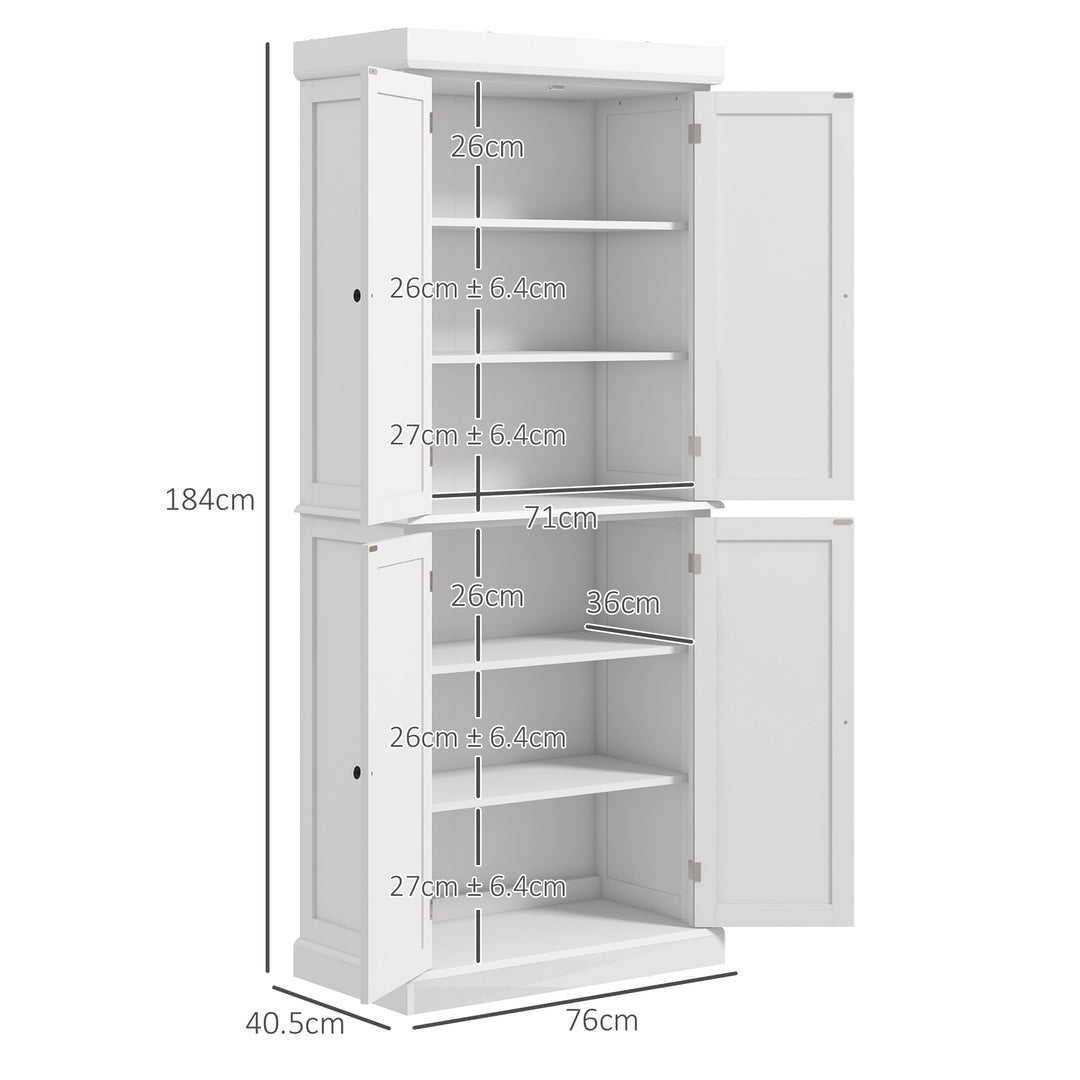 Freestanding Kitchen Cupboard with 4 Doors, Storage Cabinet with 6-Tier Shelving and 4 Adjustable Shelves, White