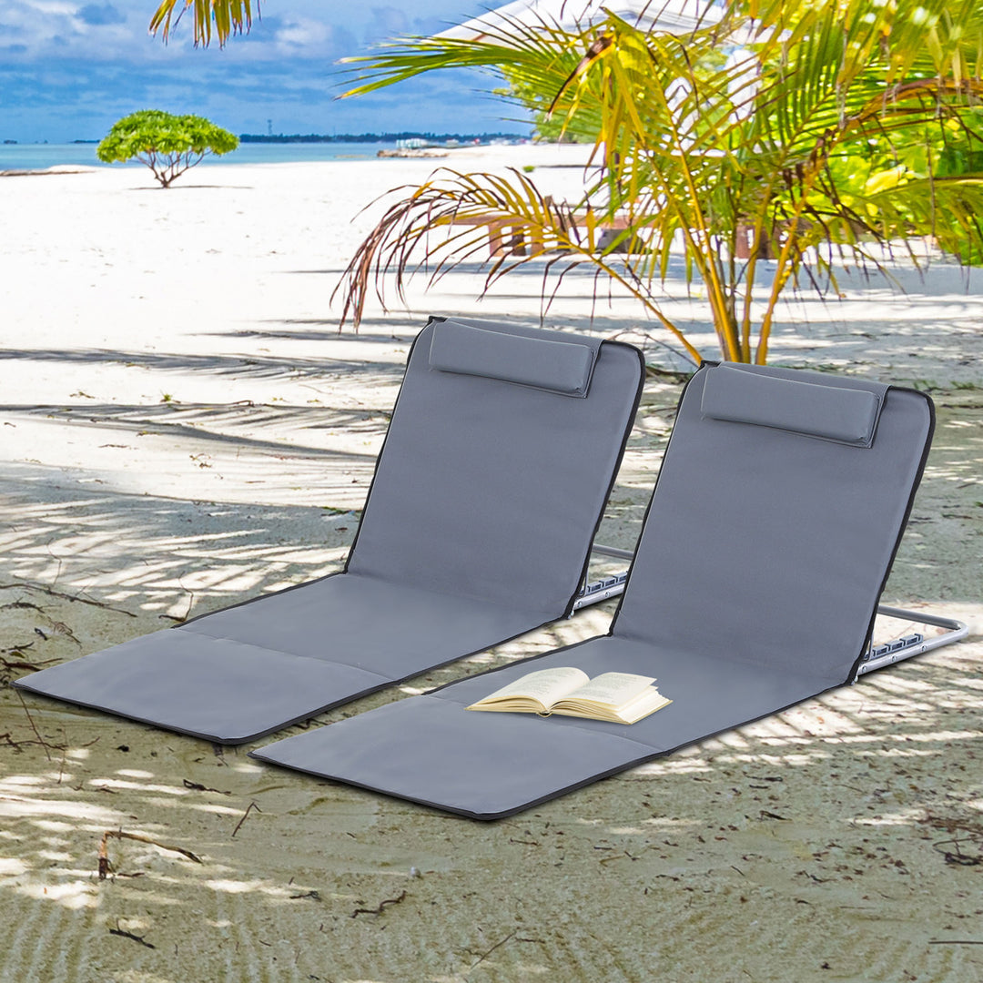 Foldable Garden Beach Chair Mat Lightweight Outdoor Sun Lounger, PE Fabric Head Pillow, Grey