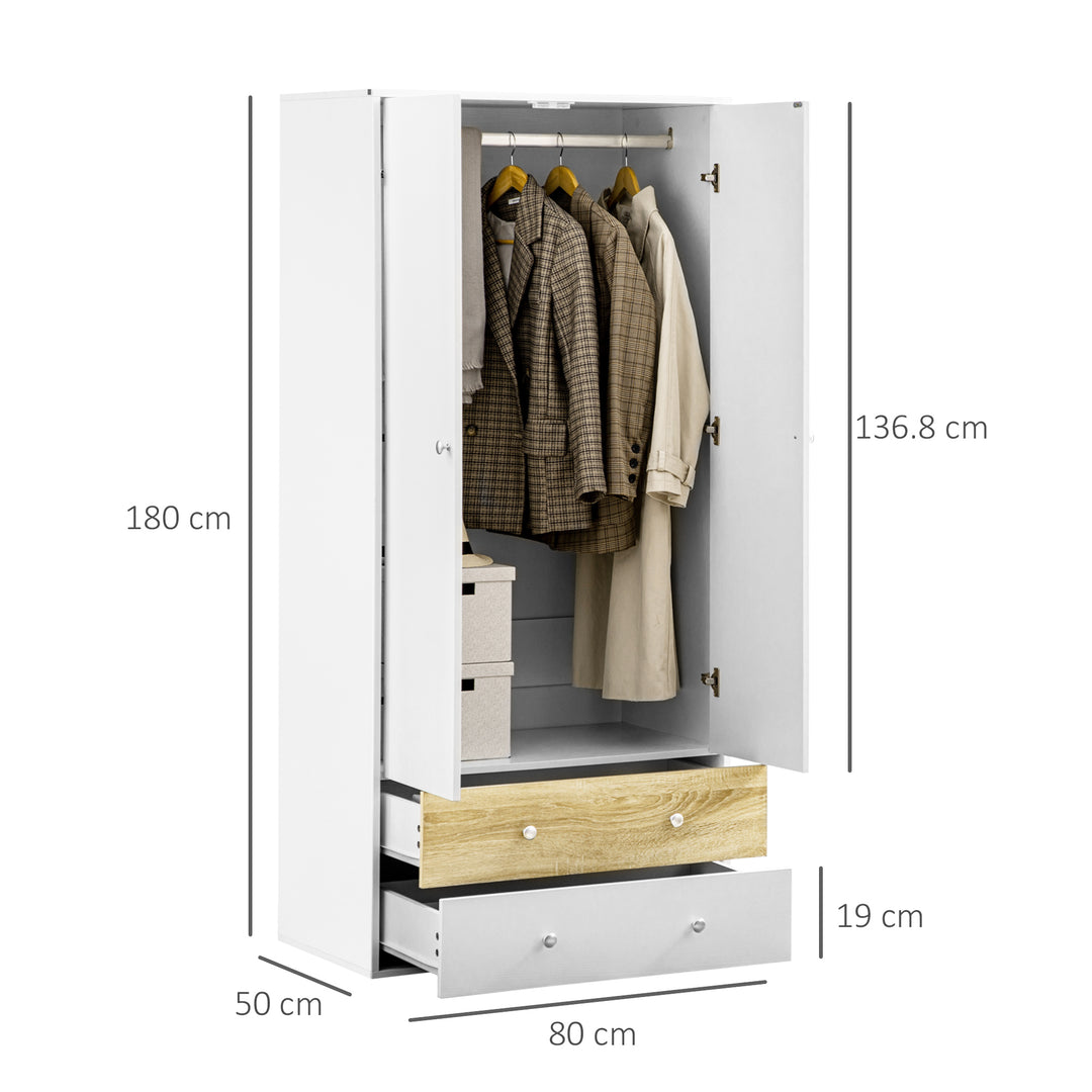 HOMCOM 2 Door Wardrobe White Wardrobe with Drawers and Hanging Rod for Bedroom Clothes Organisation and Storage