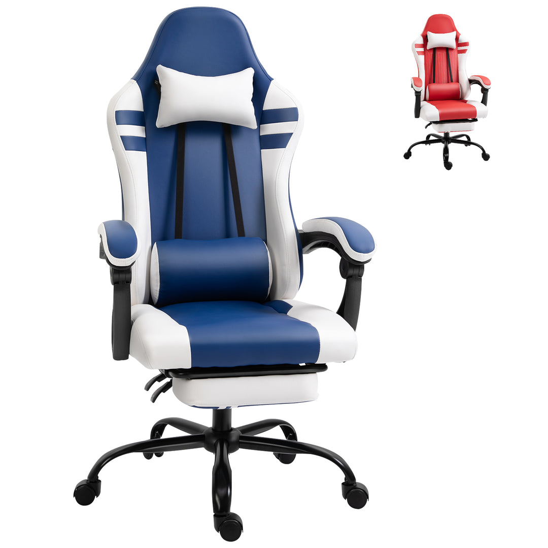 Vinsetto PU Leather Gaming Chair w/ Headrest, Footrest, Wheels, Adjustable Height, Racing Gamer Recliner, Blue White