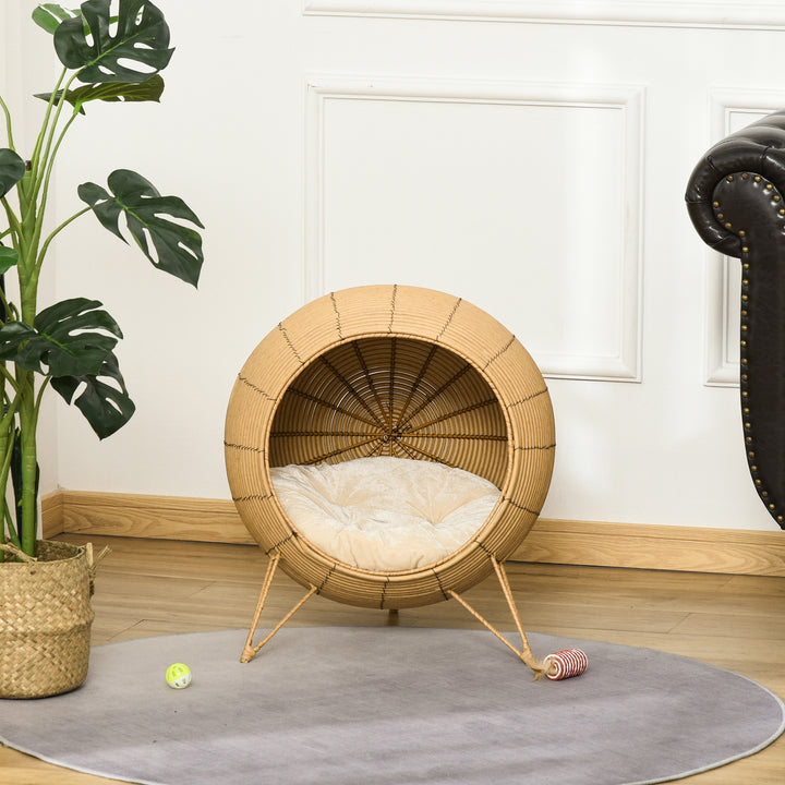 Wicker Cat Bed Elevated Rattan Kitten Basket Pet Den. House Cozy Cave with Soft Cushion Φ52 x 58cm Light Brown