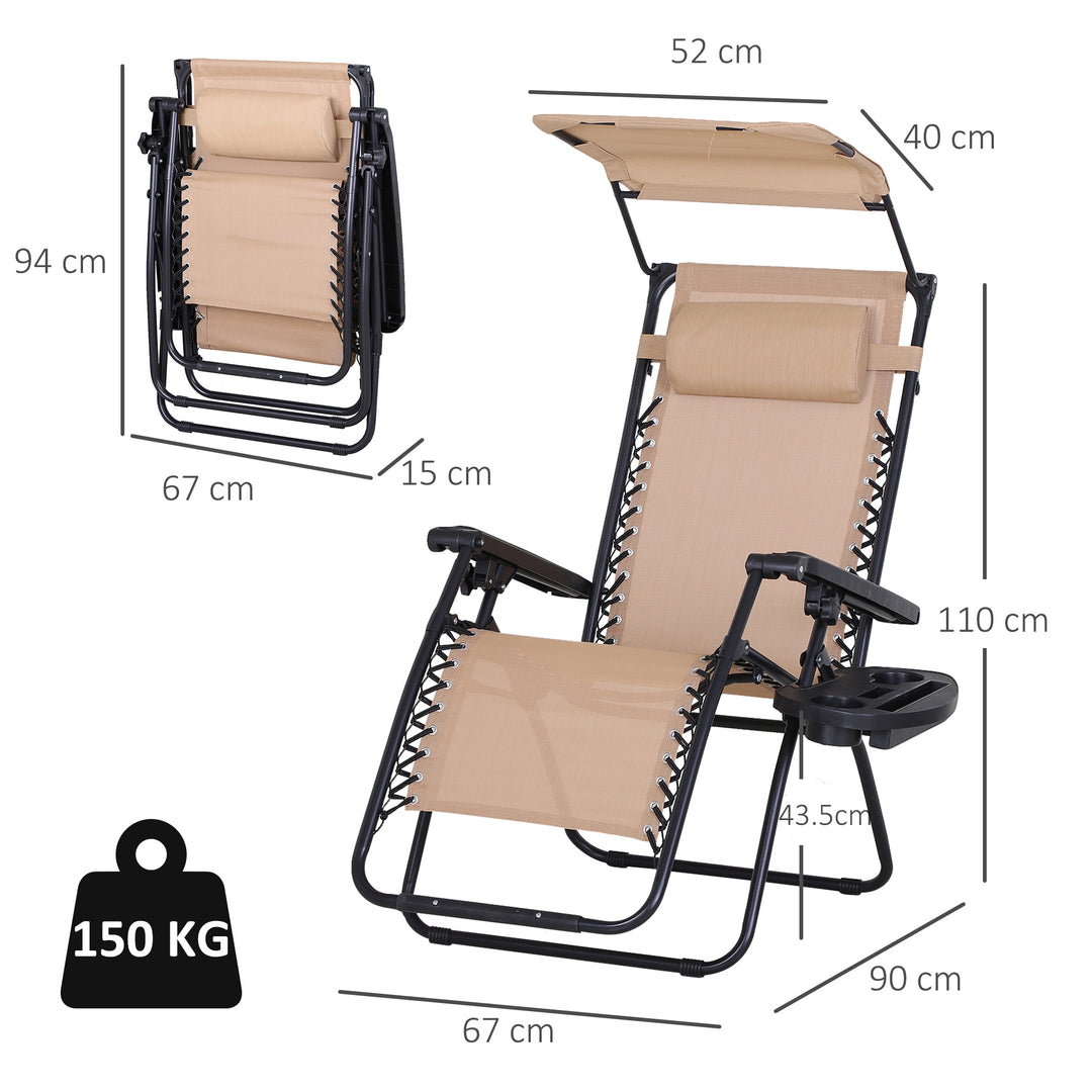 Outsunny Zero Gravity Garden Deck Folding Chair Patio Sun Lounger Reclining Seat with Cup Holder & Canopy Shade - Beige