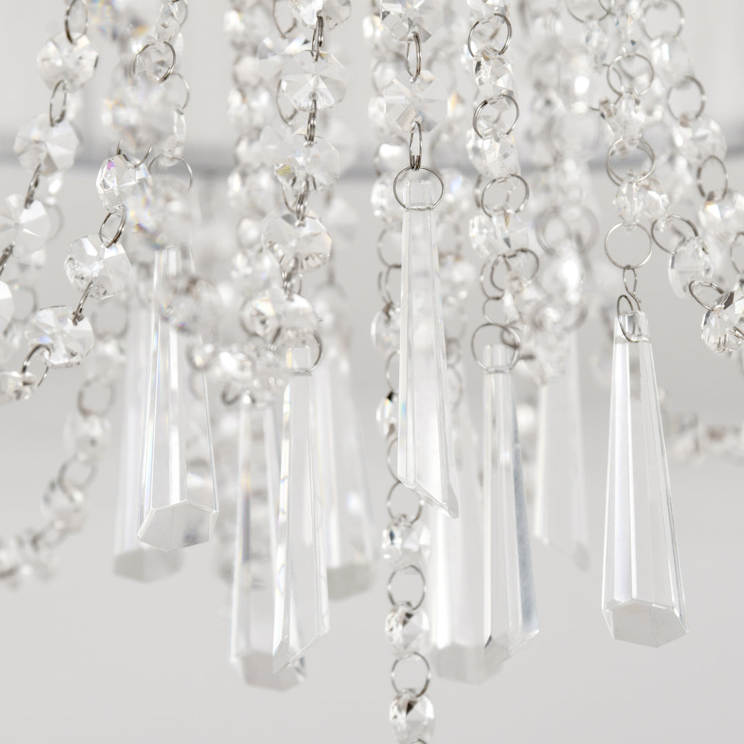 Elegant Metal Ceiling Light Chandelier with Pleated Fabric Lampshade, Decorative Crystal Pendants, for Living Room, Dining Room, Bedroom, White