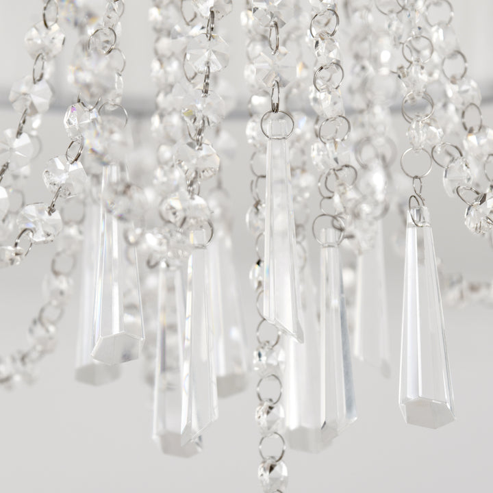 Elegant Metal Ceiling Light Chandelier with Pleated Fabric Lampshade, Decorative Crystal Pendants, for Living Room, Dining Room, Bedroom, White