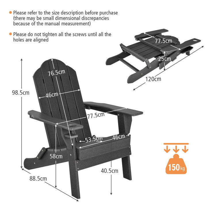Folding Garden Adirondack Chair with Built-in Cup Holder-Black