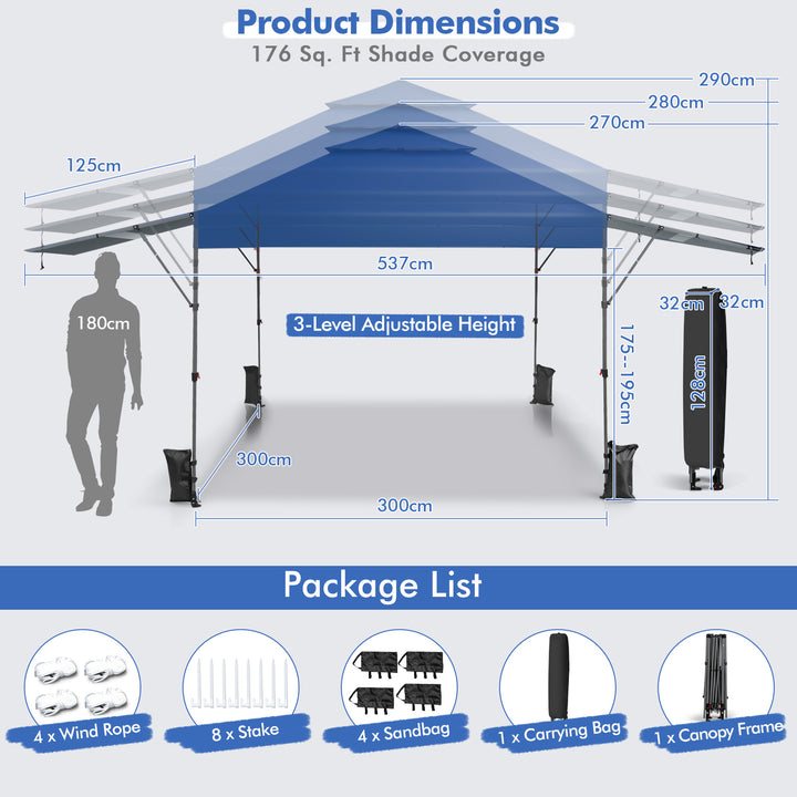 Gazebo with Adjustable Dual Awnings and Height-Navy