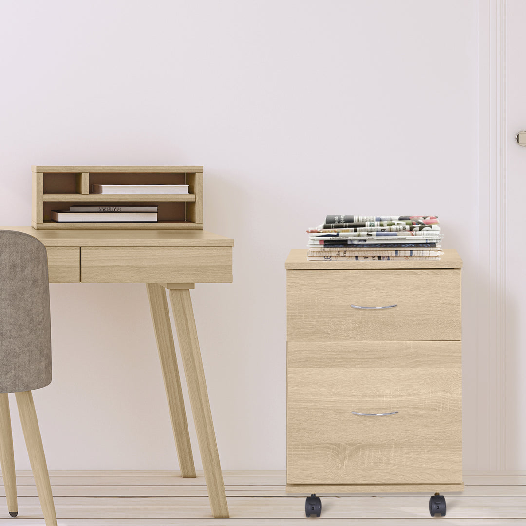 Mobile Wooden 2 Drawers Cabinet Storage Box with Wheels (Oak)