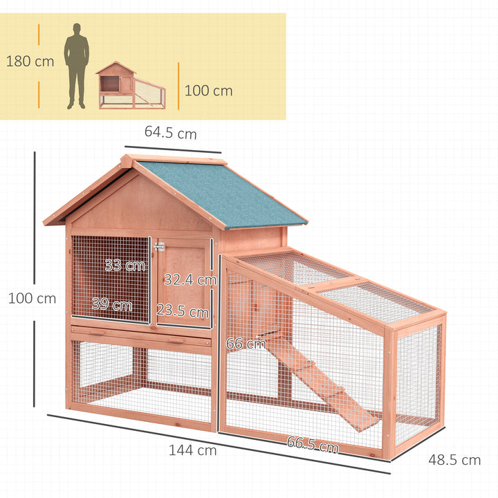 PawHut 2 Tier Rabbit Cage, Solid Wood Bunny House, Water Resistant Asphalt Roof Ramp Sliding tray 144 x 64.5 x 100 cm Red/Brown