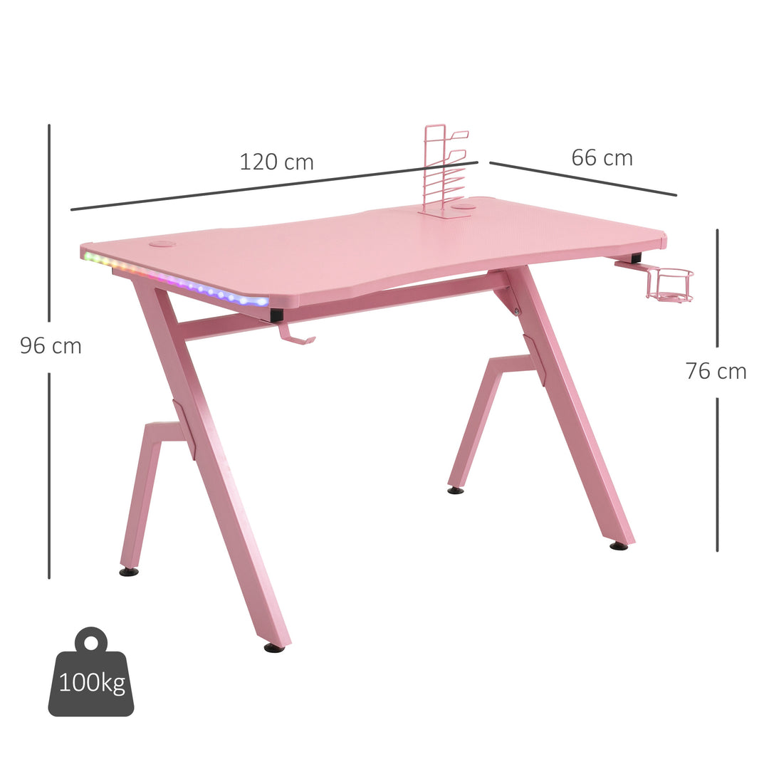 Gaming Desk Racing Style Home Office Ergonomic Computer Table Workstation with RGB LED Lights, Controller Rack & Cable Management, Pink