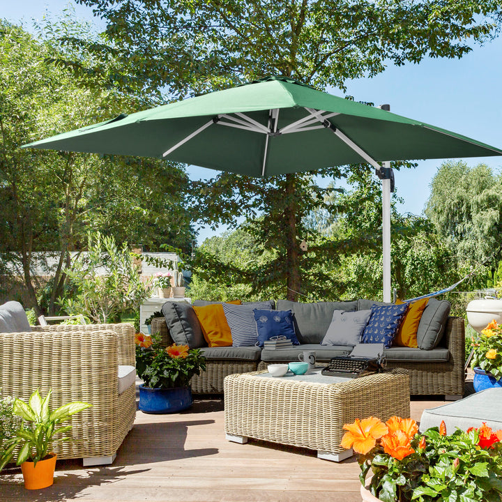 3 x 3(m) Cantilever Parasol, Square Garden Umbrella with Cross Base, Crank Handle, Tilt, 360° Rotation and Aluminium Frame, Green
