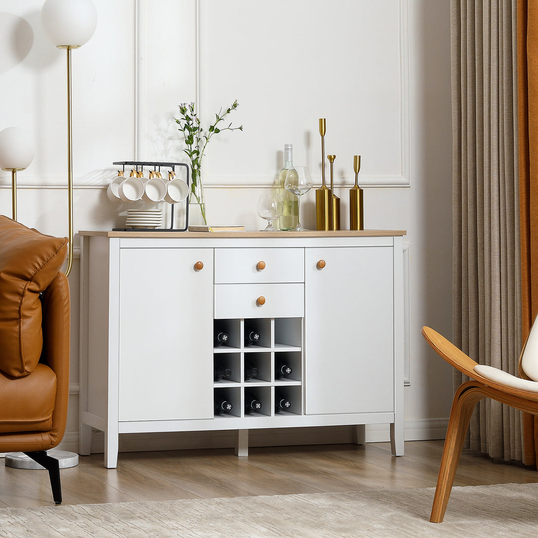 Buffet Cabinet, Rustic Sideboard with 9-bottle Wine Rack, Storage Cabinets, Drawers and Adjustable Shelves, Natural Handle