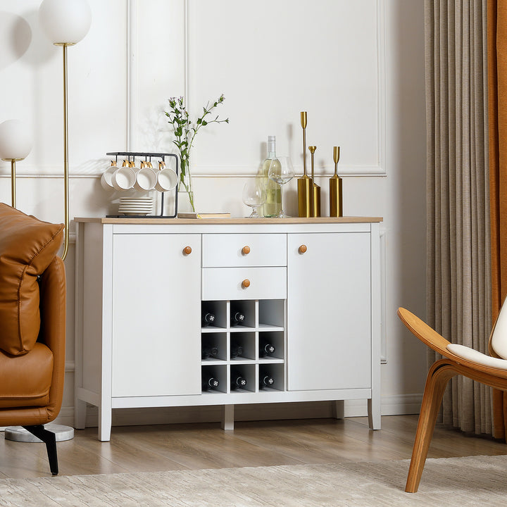 Buffet Cabinet, Rustic Sideboard with 9-bottle Wine Rack, Storage Cabinets, Drawers and Adjustable Shelves, Natural Handle