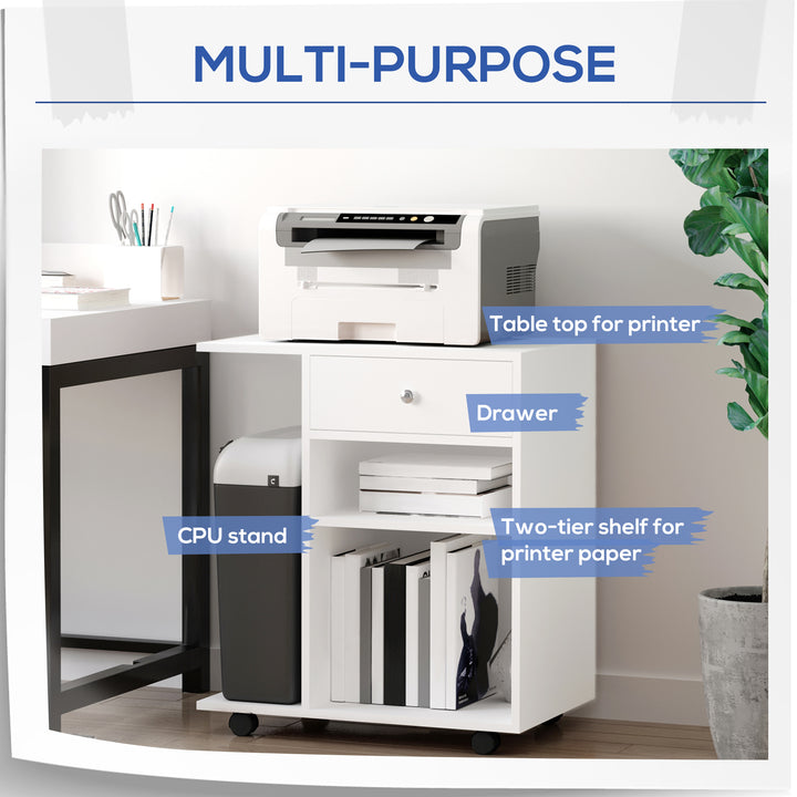 Vinsetto Mobile Printer Stand Rolling Cart Desk Side with CPU Stand Drawer Adjustable Shelf and Wheels White