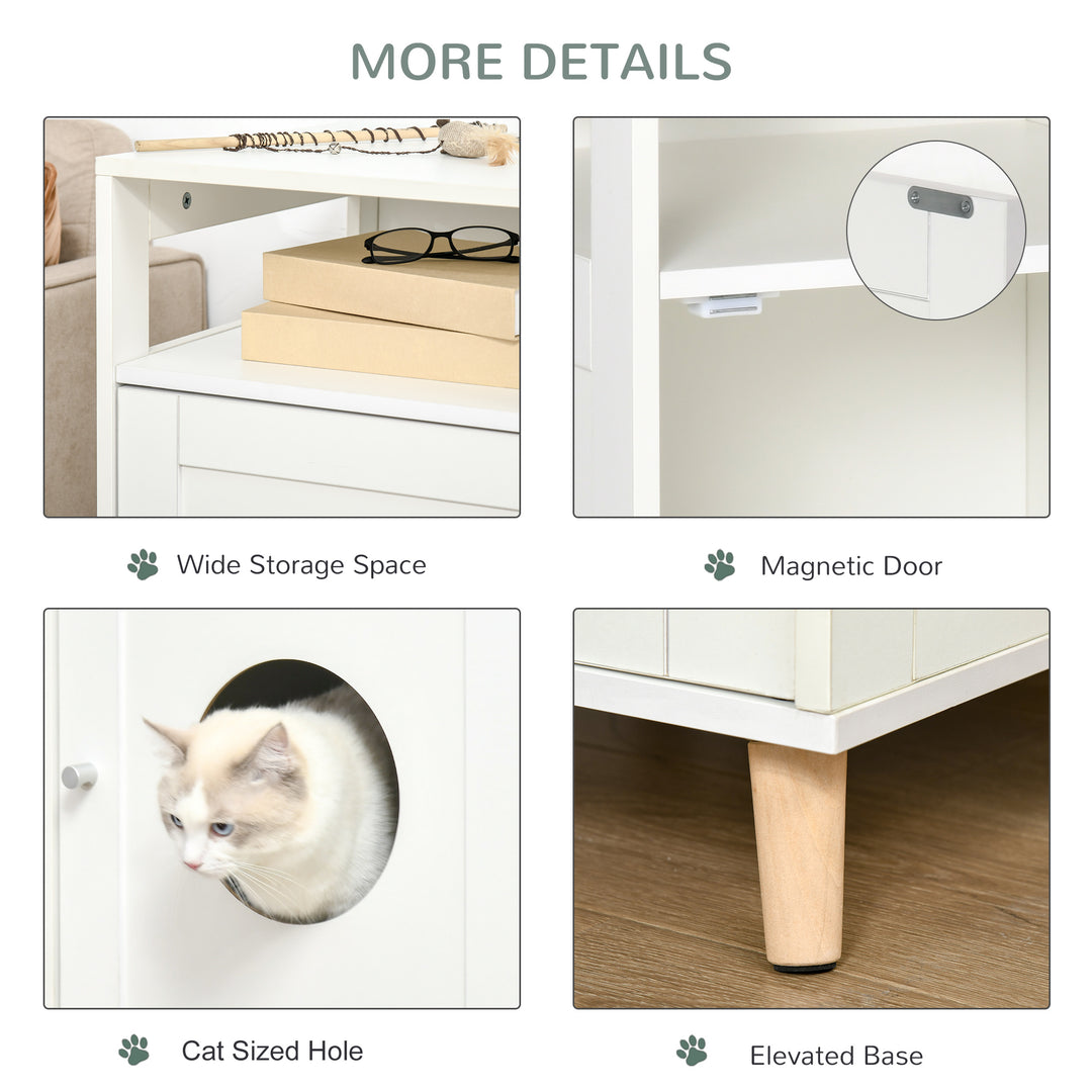 PawHut Cat Litter Box Enclosure Washroom Cave House Decorative End Table Wooden Cabinet Indoor with Magnetic Door Multiple Storage Space White