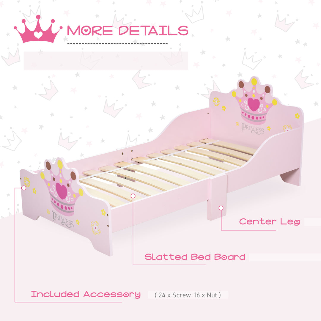 Kids Wooden Bed with Crown Modeling Safety Side Rails Easy to Clean Perfect Gift for Toddlers Girls Age 3 to 6 Years Old Pink