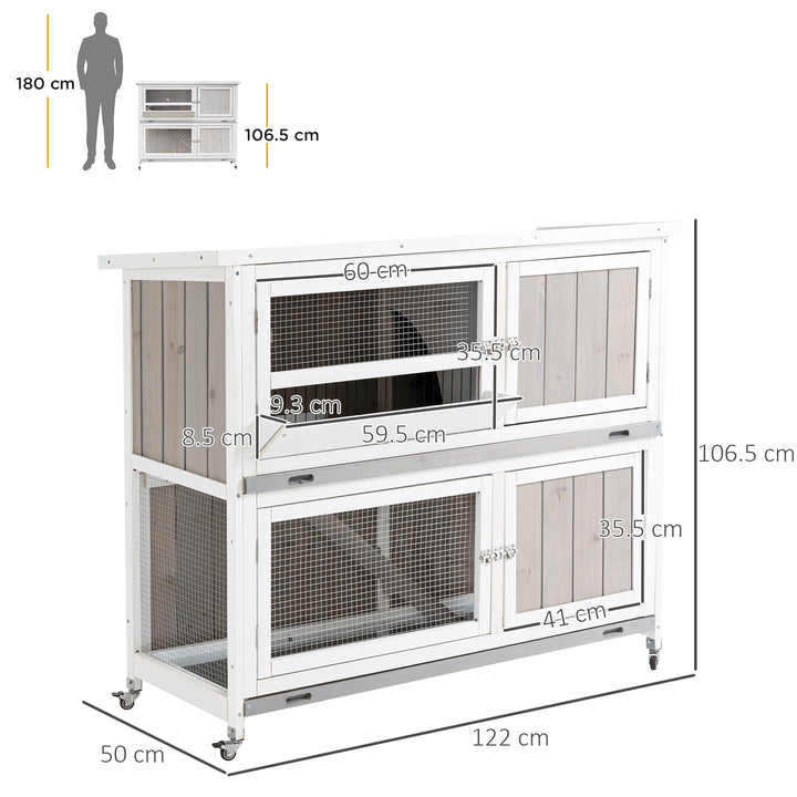 PawHut Wooden Rabbit Hutch Two-Tier Guinea Pig Cage Elevated Multi-Door Pet House Bunny Cage w/ Rain Cover, Wheels, Slide-Out Tray, Grey