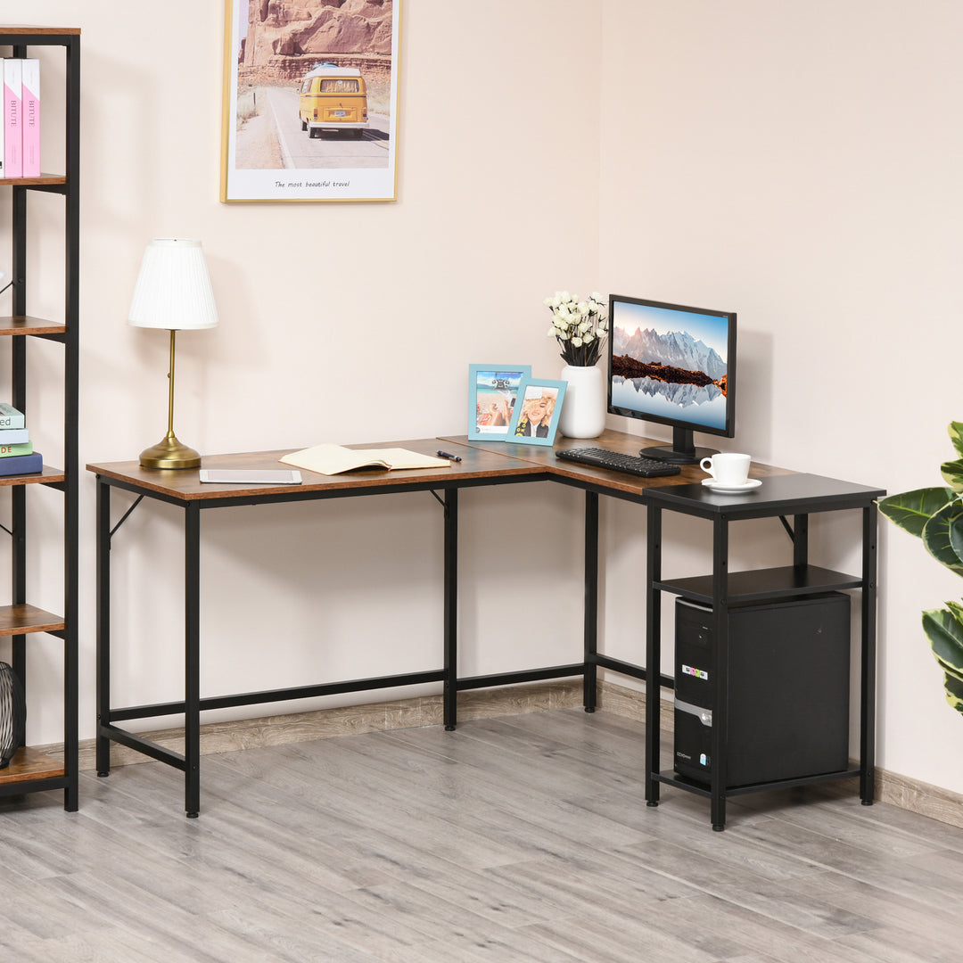 HOMCOM L-Shaped Computer Desk Industrial Cornor Writing Desk with Adjustable Storage Shelf Space-Saving Home Office Workstation Rustic Brown