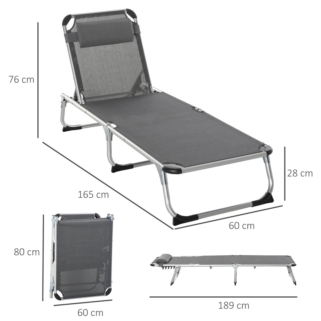 Foldable Garden Lounger Camping Bed Cot w/ Pillow 5-Level Adjustable Back Aluminium Frame, 76H x 170L x 60W Grey