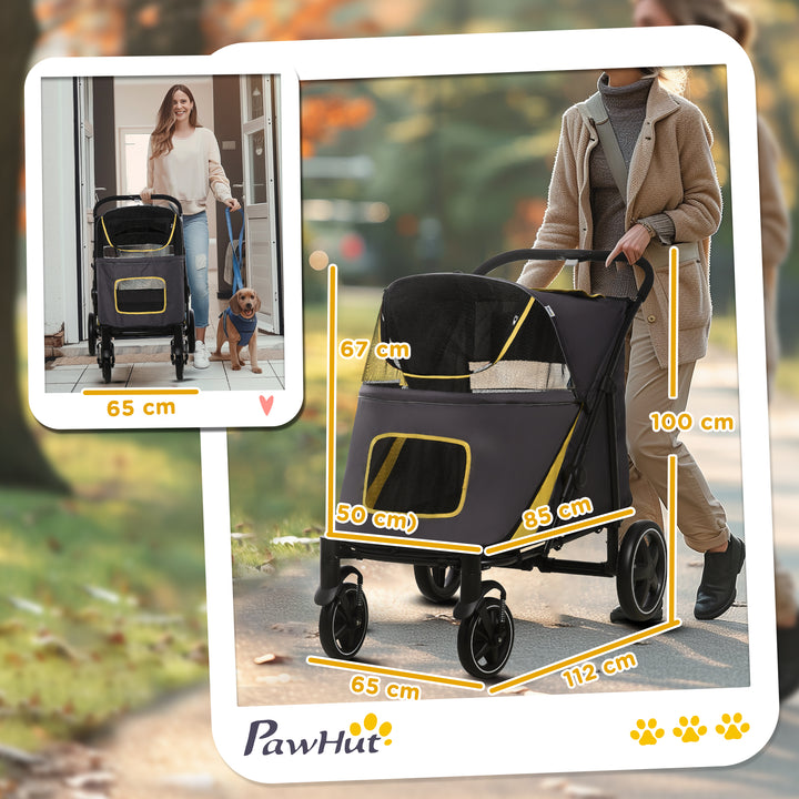 Pet Stroller with Universal Front Wheels, Shock Absorber, One Click Foldable Dog Cat Carriage with Brakes, Storage Bags, Mesh Window Dark Grey