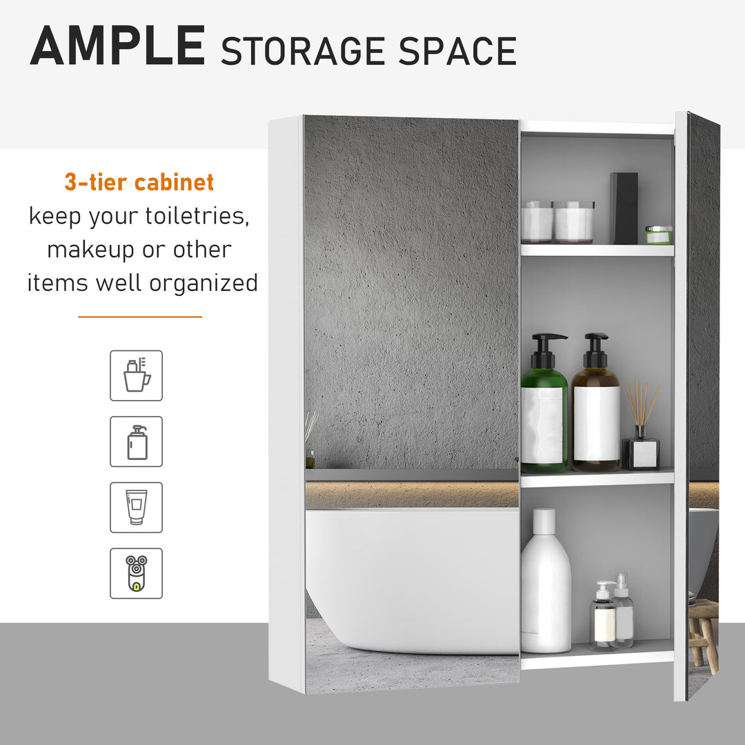 Bathroom Mirror Cabinet Wood Storage Shelf Wall Mount Double Door Cupboard Adjustable 60Wx15Dx75H - White