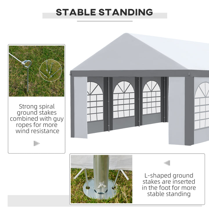 6 x 4m Galvanised Party Tent, Marquee Gazebo with Sides, Six Windows and Double Doors, for Parties, Wedding and Events, White and Grey