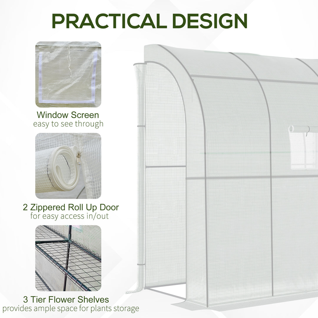 Outsunny Walk-In Lean to Polytunnel Greenhouse with Windows and Doors 2 Tiers 4 Wired Shelves 200L x 100W x 215Hcm White