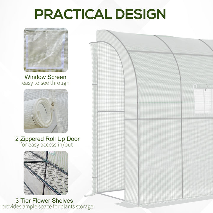 Outsunny Walk-In Lean to Polytunnel Greenhouse with Windows and Doors 2 Tiers 4 Wired Shelves 200L x 100W x 215Hcm White