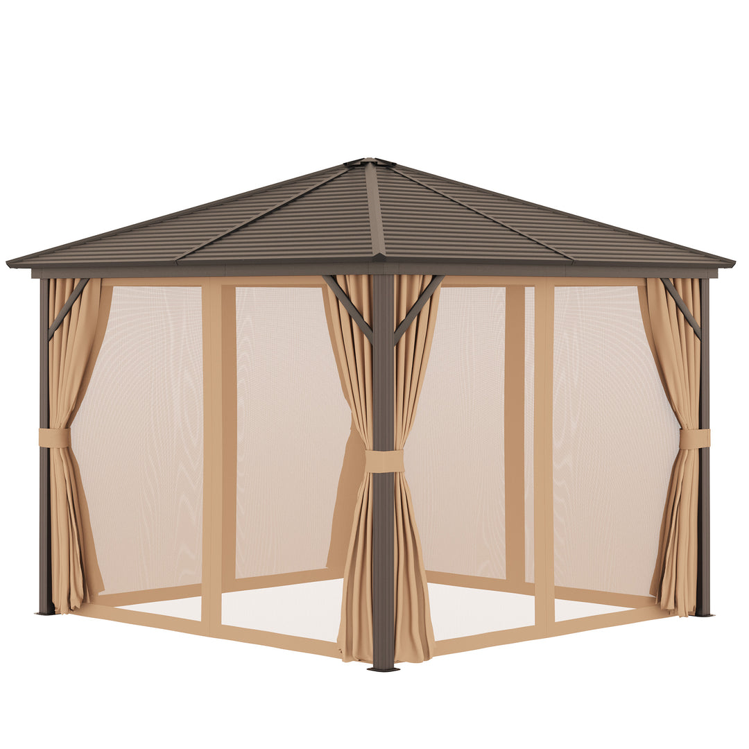 3 x 3 Meters Patio Aluminium Gazebo Hardtop Metal Roof Canopy Party Tent Garden Outdoor Shelter with Mesh Curtains &amp; Side Walls - Brown