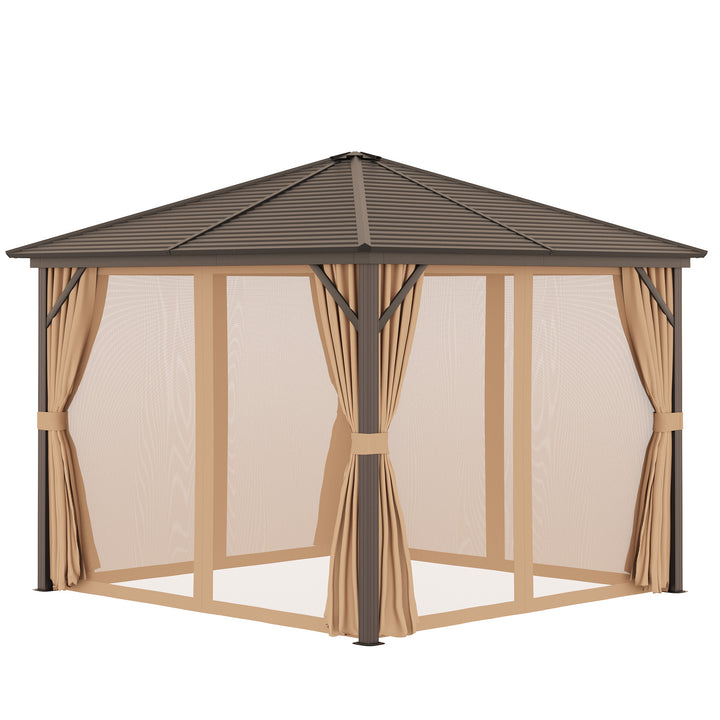 3 x 3 Meters Patio Aluminium Gazebo Hardtop Metal Roof Canopy Party Tent Garden Outdoor Shelter with Mesh Curtains &amp; Side Walls - Brown