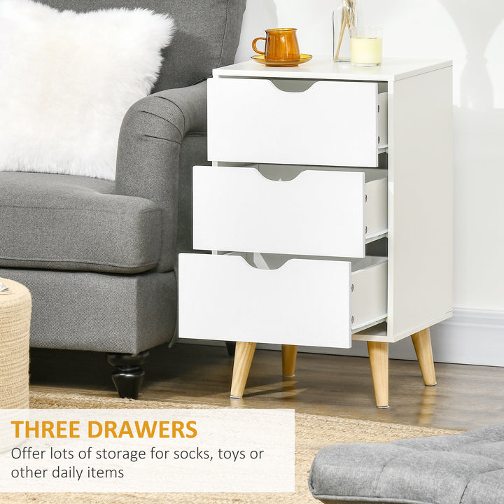 Bedroom 3-Drawer Bedside Unit with Wood Legs and Cut-out Handles, White