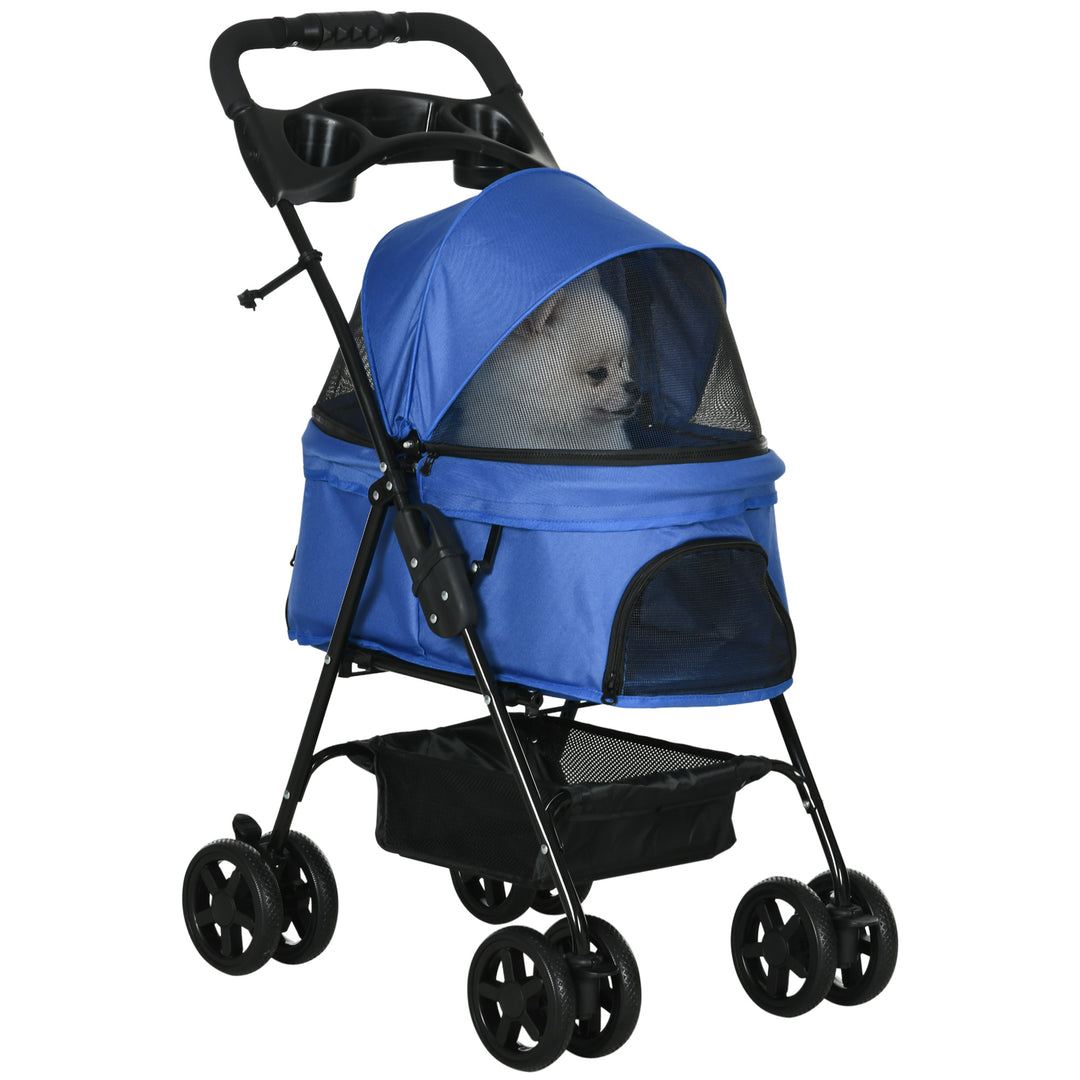 PawHut No-Zip Pet Stroller Dog Cat Travel Pushchair One-Click Fold Trolley Jogger with EVA Wheels Brake Basket Adjustable Canopy Safety Leash Blue